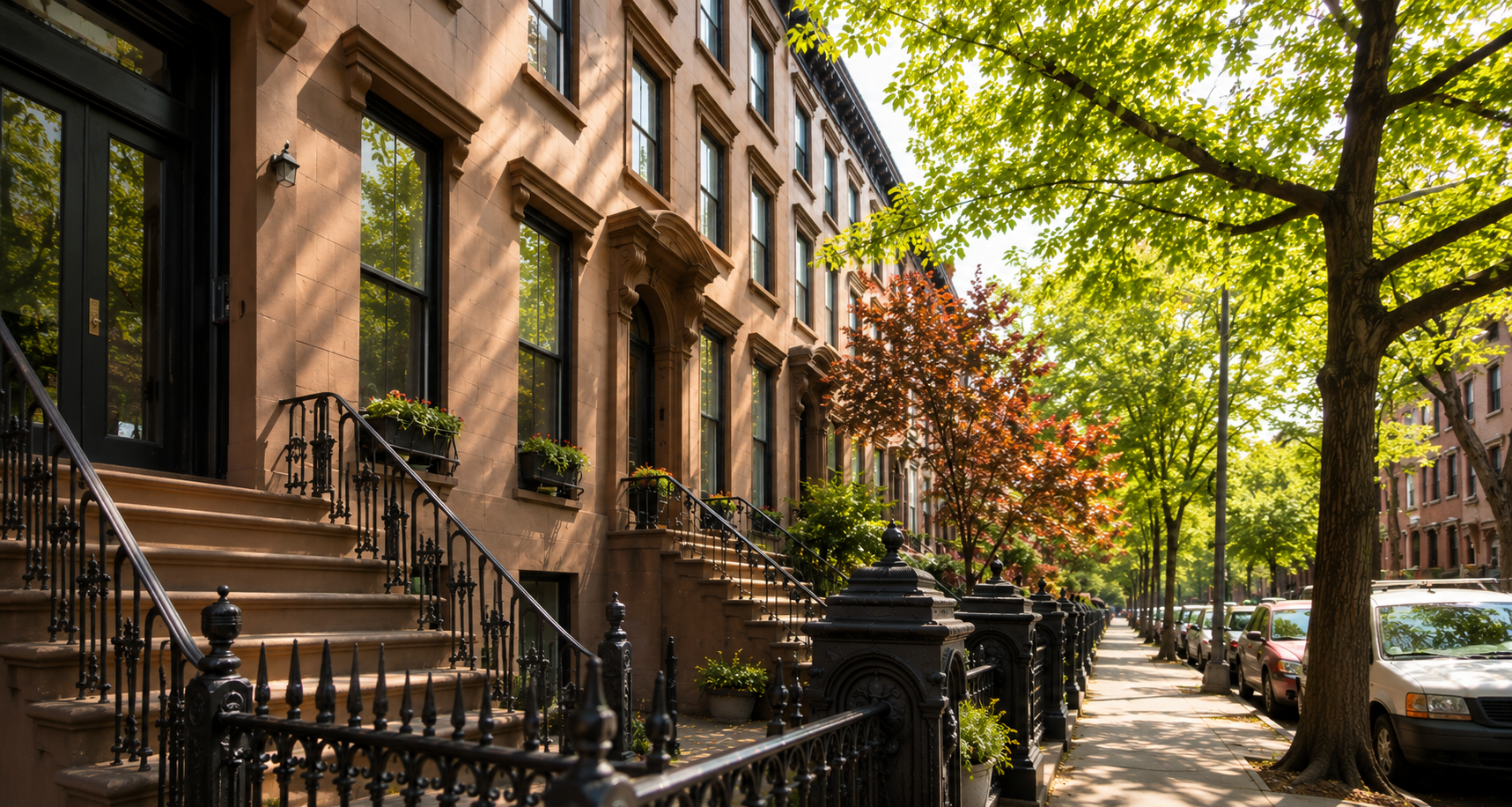 Tree-lined brownstone street in Brooklyn