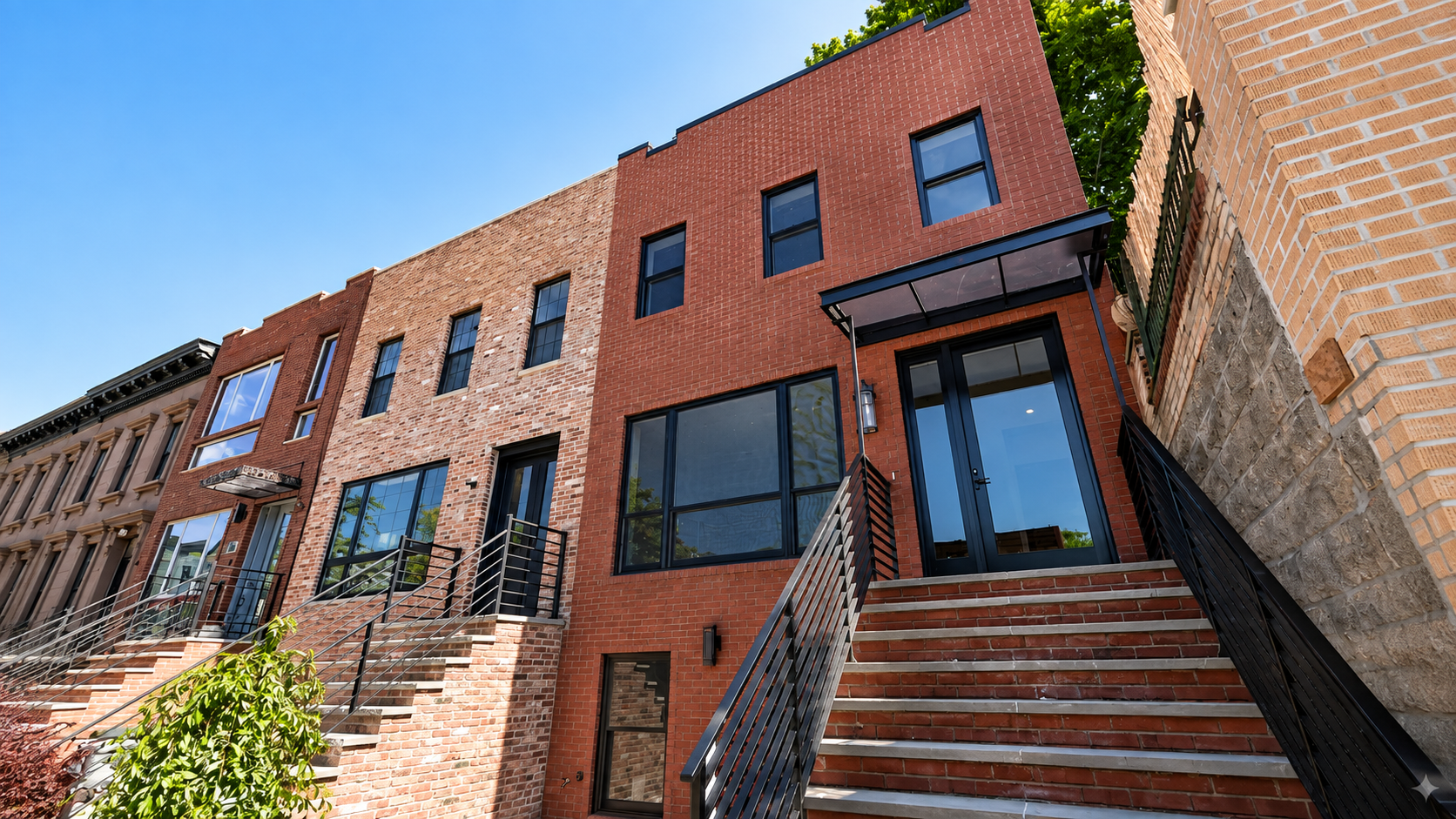 Renovated brick townhouses with black metal canopies