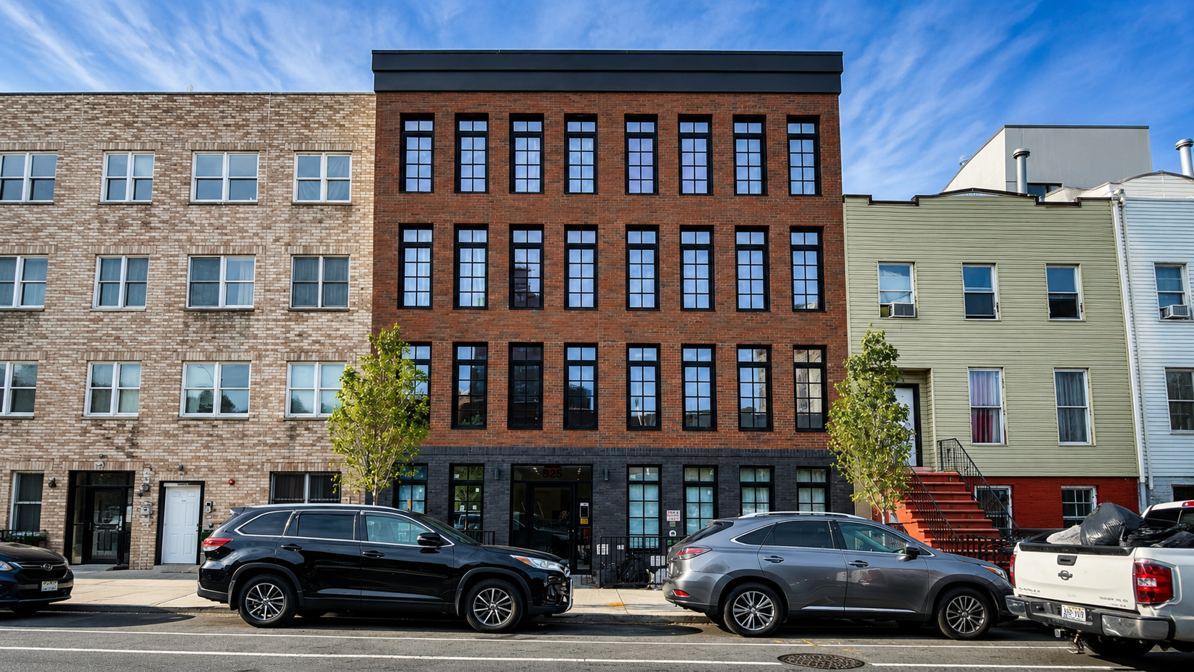 Red-brick condominium with black-framed windows
