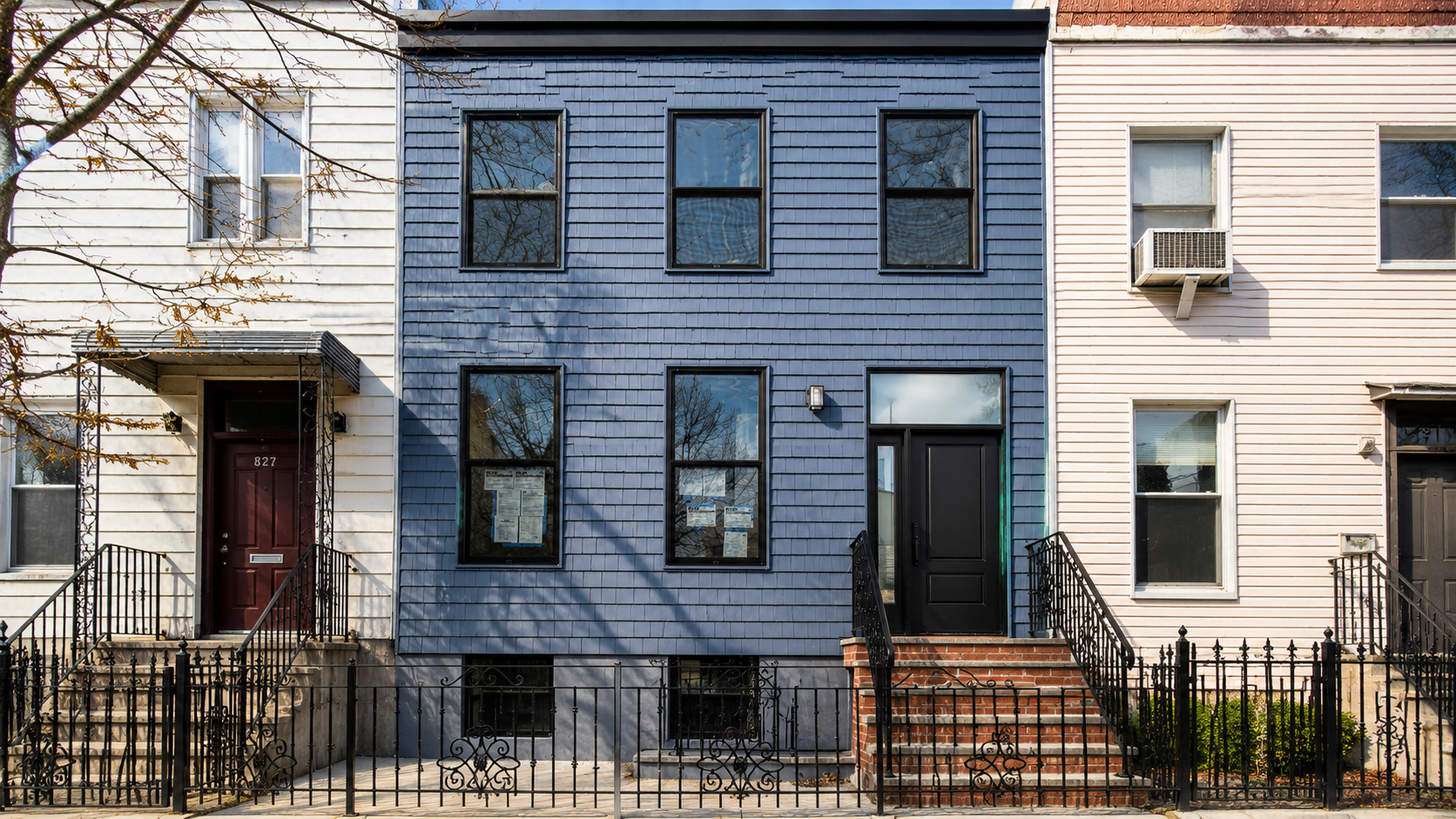 Renovated blue rowhouse with brick stoop