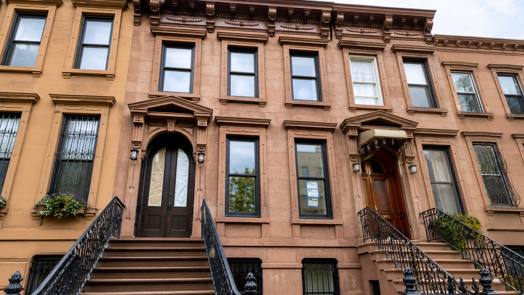 Classic brownstone townhouses with stoops