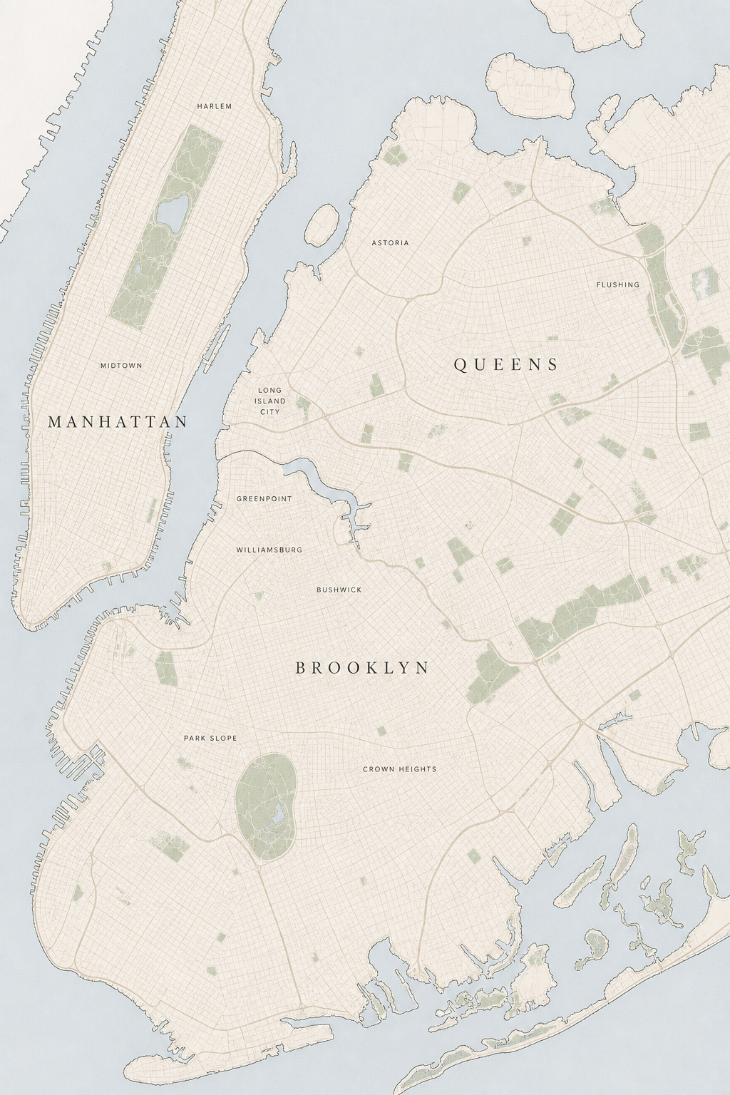 Map of Manhattan, Brooklyn, and Queens
